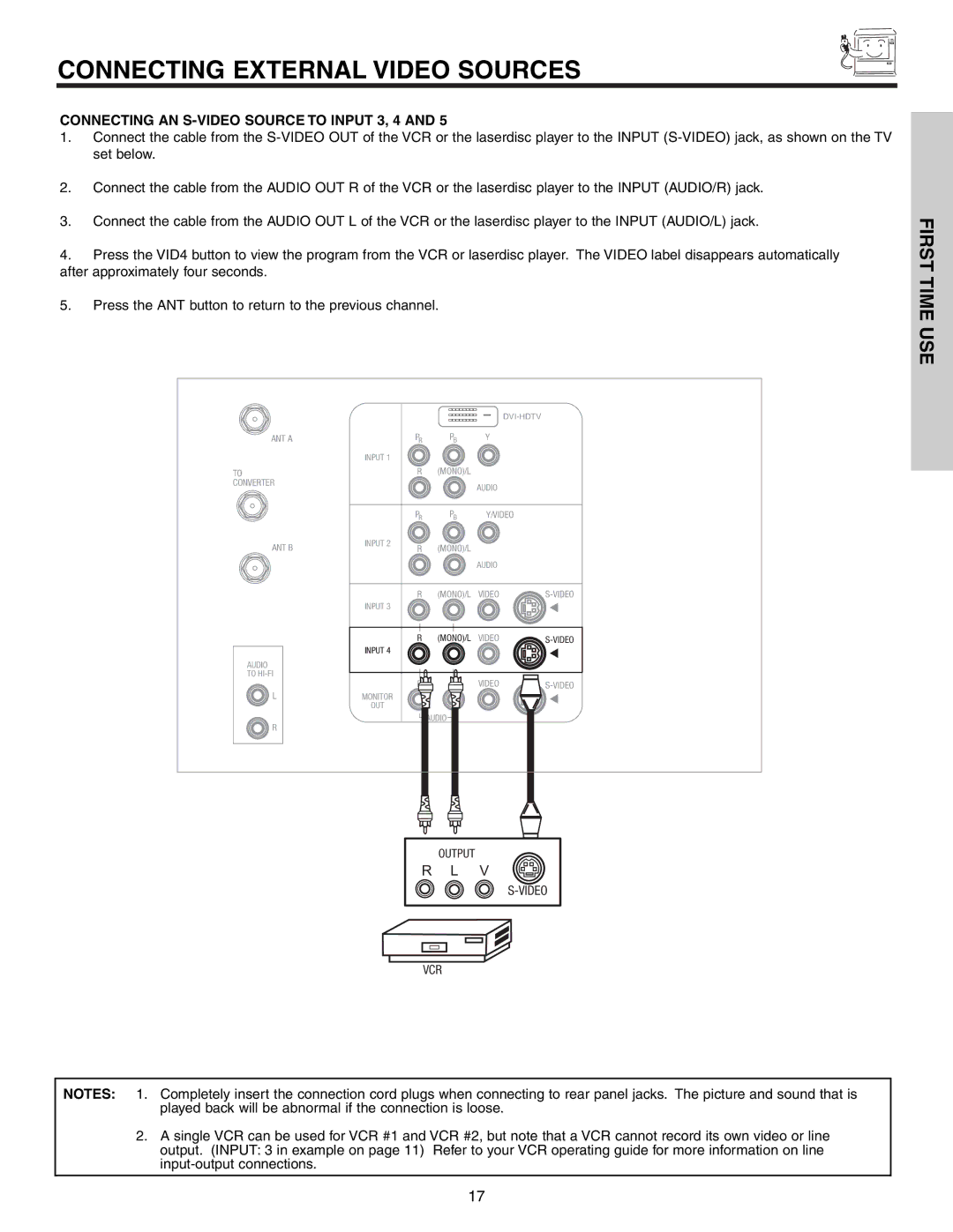 Hitachi 51G500S important safety instructions Connecting AN S-VIDEO Source to Input 3, 4 