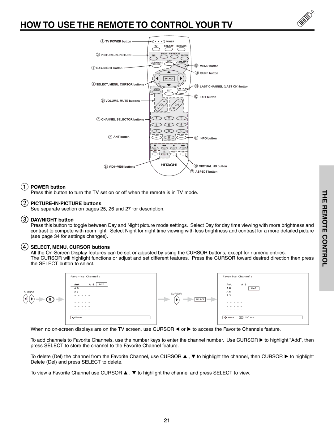 Hitachi 51G500S HOW to USE the Remote to Control Your TV, Power button, PICTURE-IN-PICTURE buttons, DAY/NIGHT button 