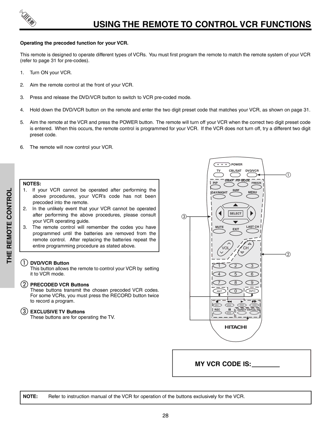 Hitachi 51G500S Using the Remote to Control VCR Functions, Operating the precoded function for your VCR, DVD/VCR Button 