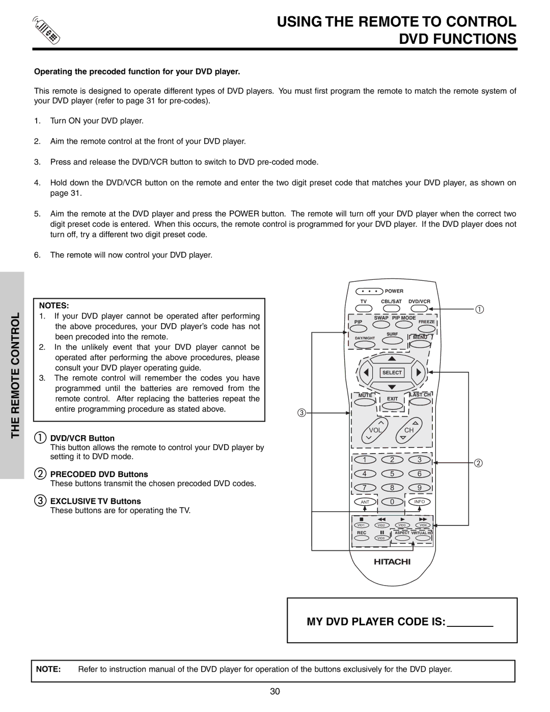 Hitachi 51G500S Using the Remote to Control DVD Functions, Operating the precoded function for your DVD player 