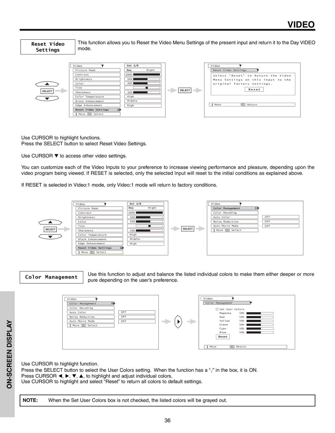 Hitachi 51G500S important safety instructions Reset Video, Settings, Color Management 