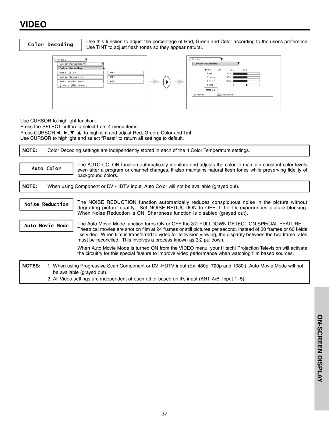 Hitachi 51G500S important safety instructions Color Decoding, Auto Color, Noise Reduction Auto Movie Mode 