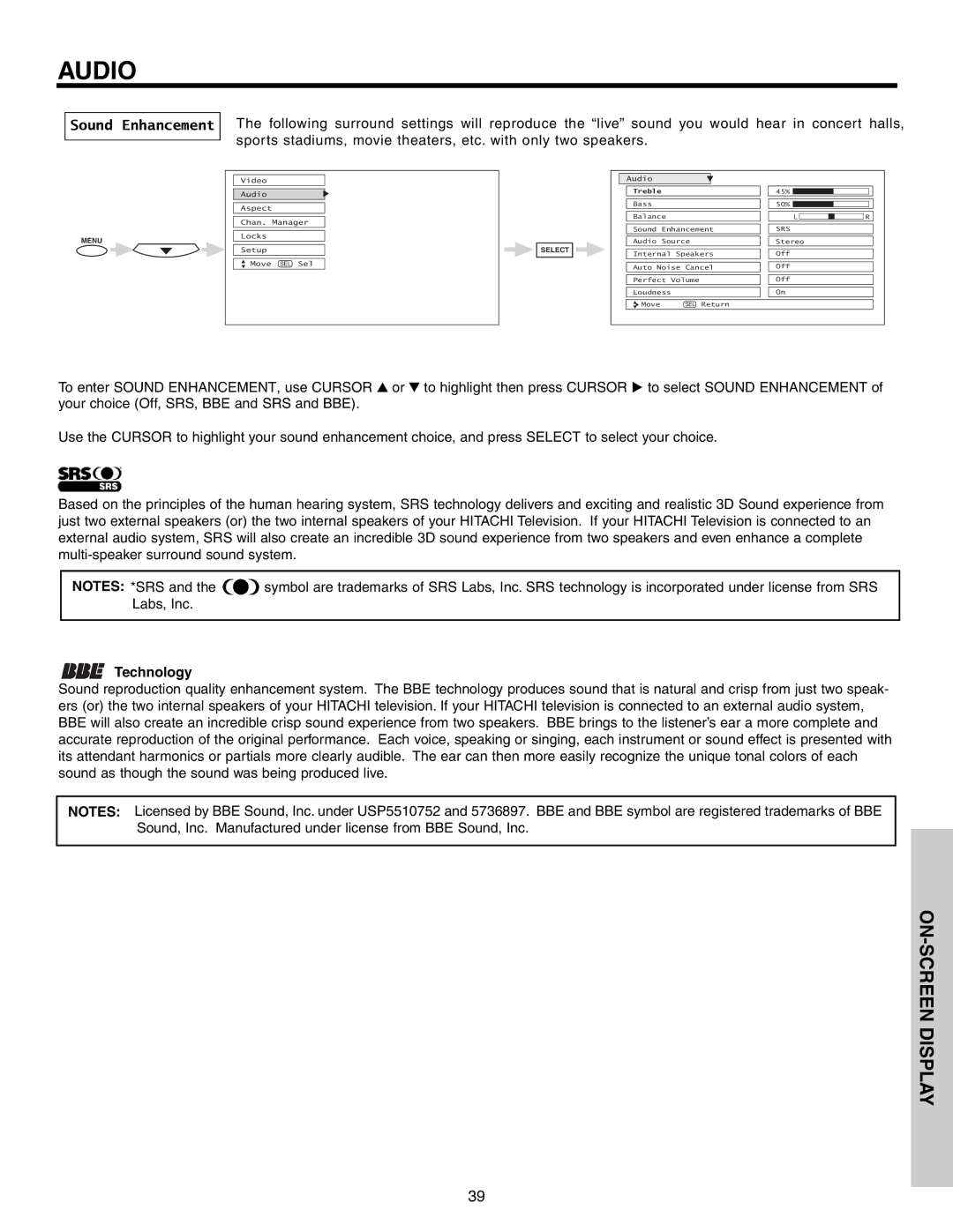 Hitachi 51G500S important safety instructions Technology, Srs 