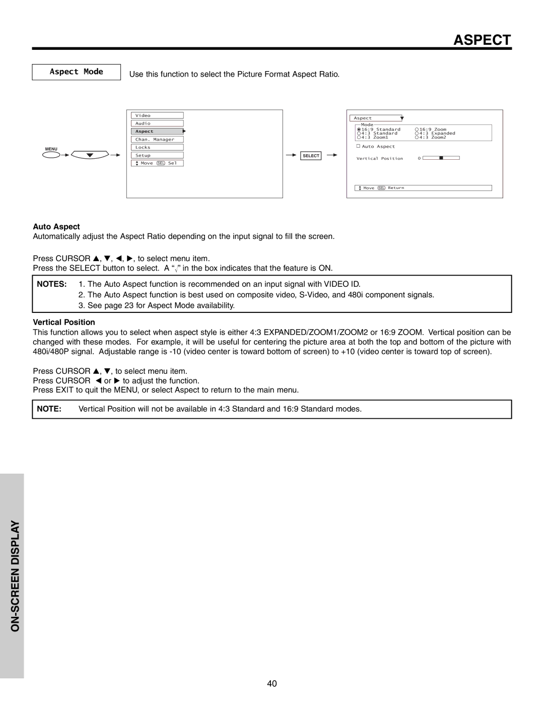 Hitachi 51G500S important safety instructions Aspect Mode, Auto Aspect, Vertical Position 