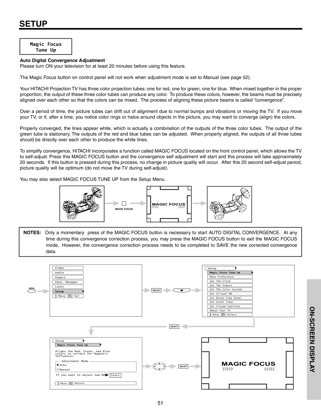 Hitachi 51G500S important safety instructions Magic Focus Tune Up, Auto Digital Convergence Adjustment 