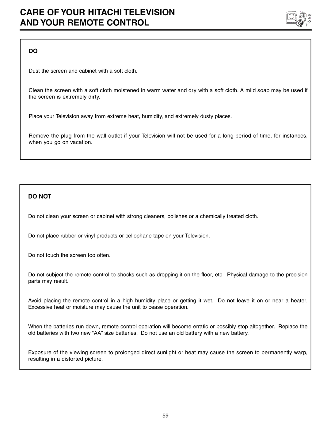 Hitachi 51G500S important safety instructions Care of Your Hitachi Television Your Remote Control, Do not 