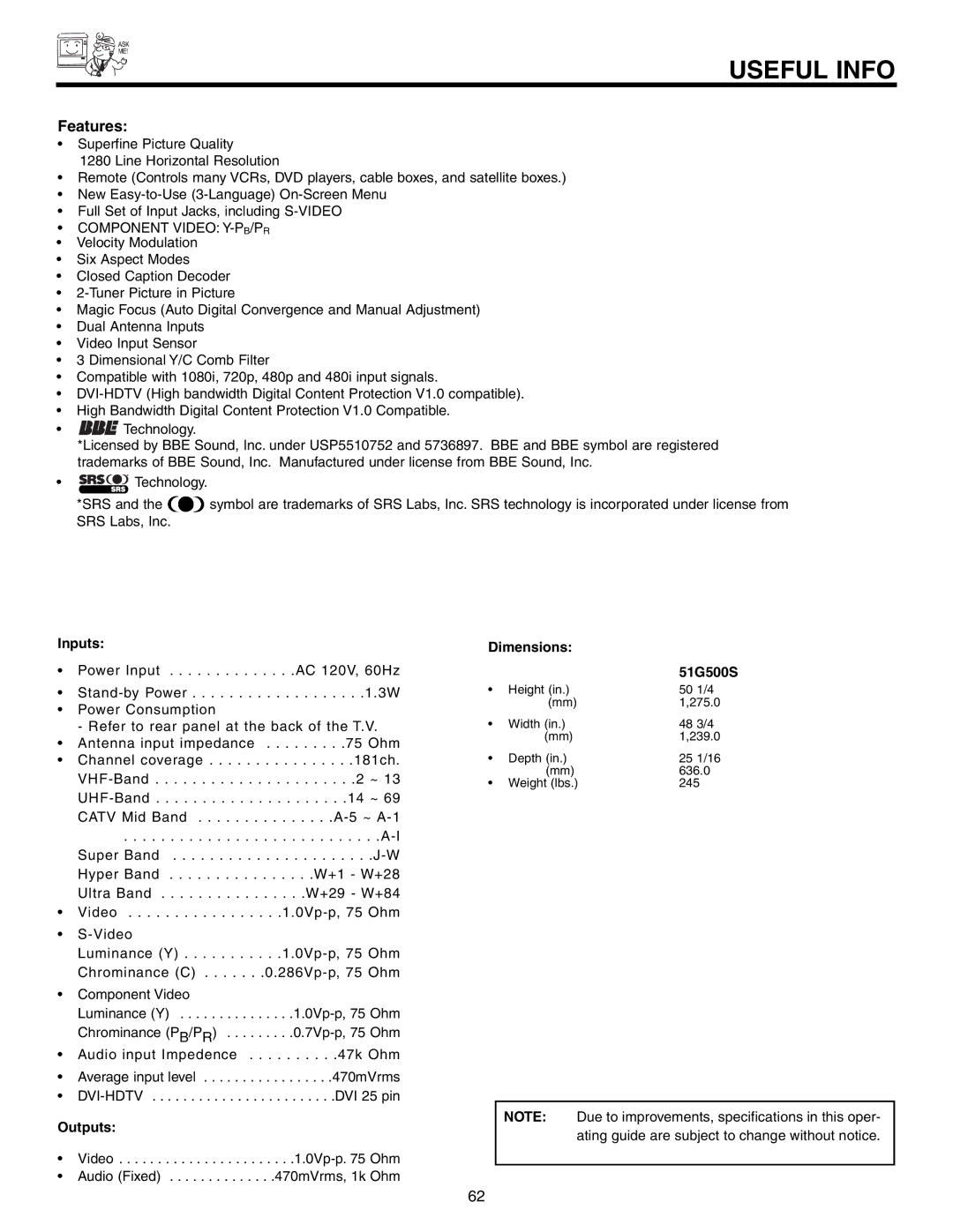 Hitachi important safety instructions Inputs, Outputs, Dimensions 51G500S 