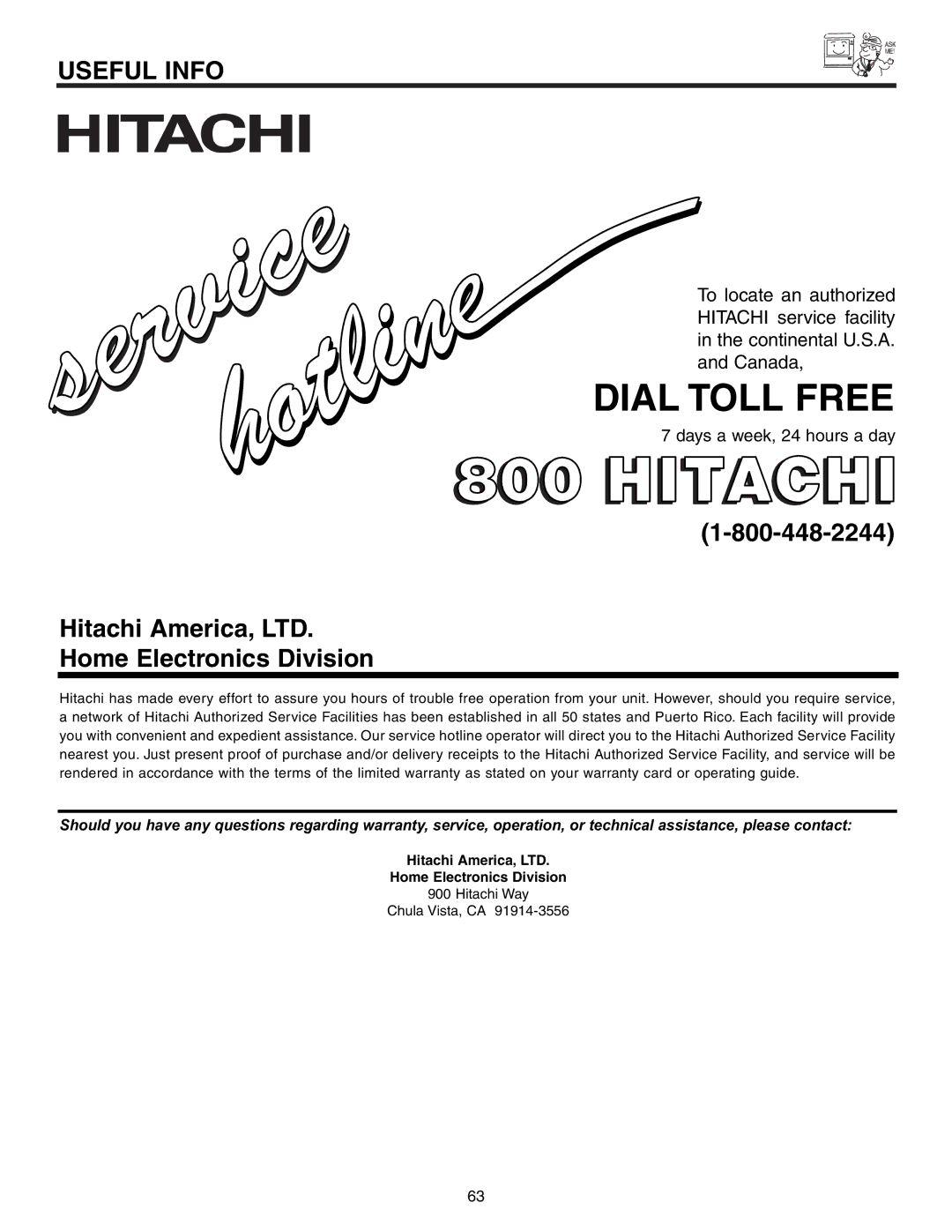 Hitachi 51G500S important safety instructions Dial Toll Free, Home Electronics Division 