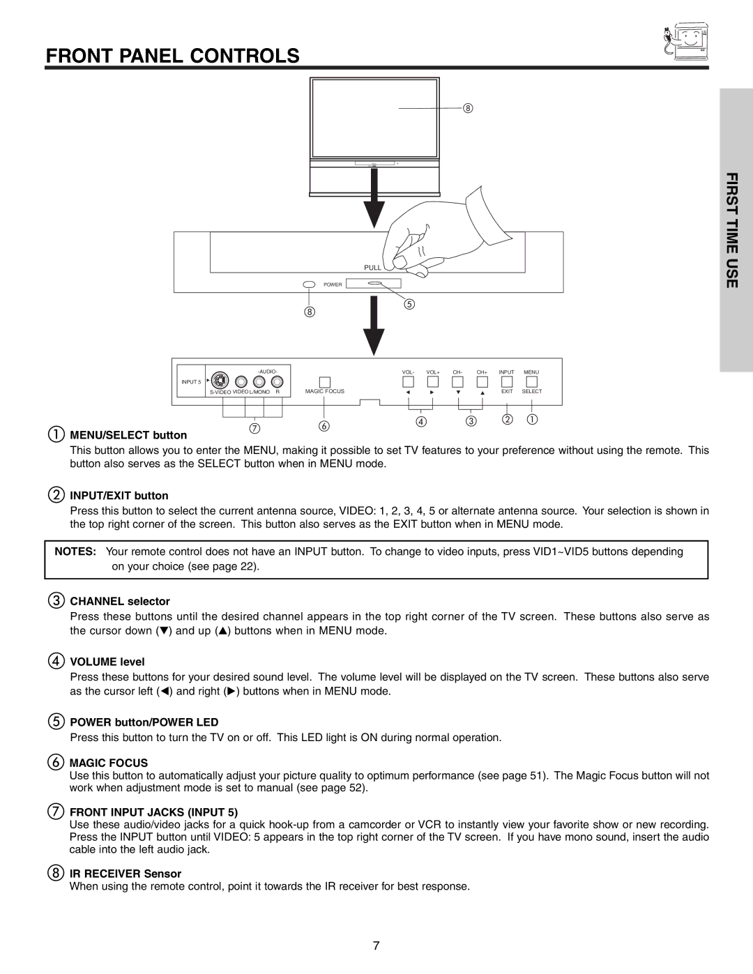 Hitachi 51G500S important safety instructions Front Panel Controls, Magic Focus 