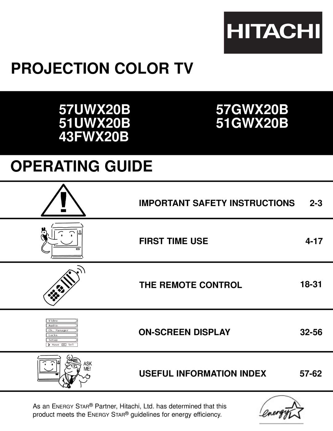 Hitachi 57GWX20B, 51GWX20B important safety instructions Important Safety Instructions First Time USE Remote Control 