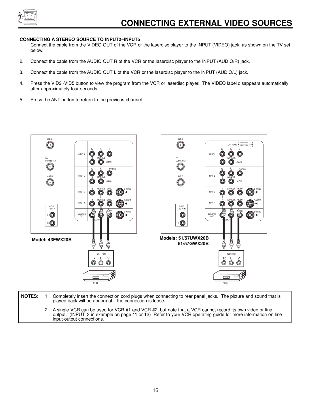 Hitachi 57GWX20B, 51GWX20B, 51UWX20B, 43FWX20B important safety instructions Connecting a Stereo Source to INPUT2~INPUT5 