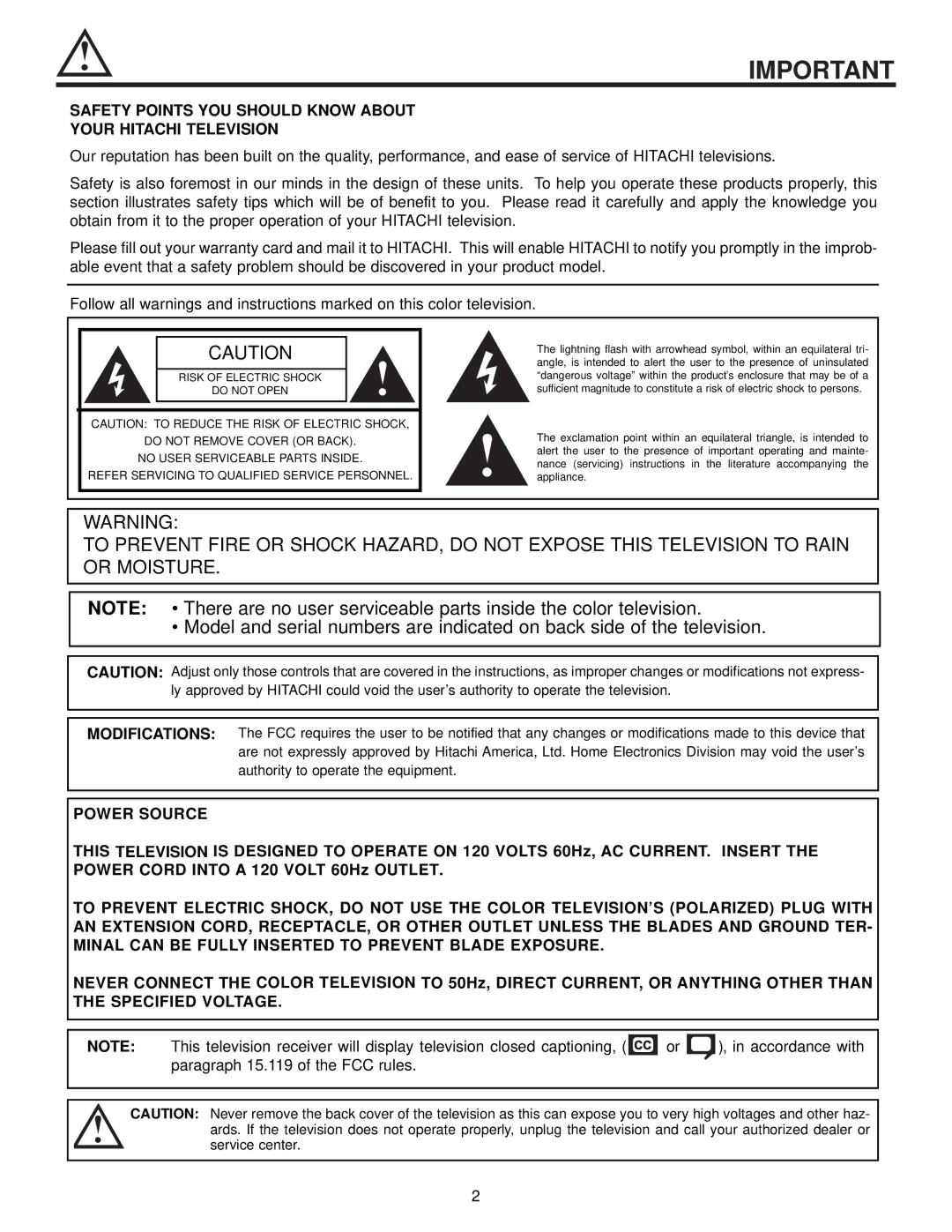 Hitachi 51UWX20B, 51GWX20B, 57GWX20B, 43FWX20B Safety Points YOU should Know about Your Hitachi Television 