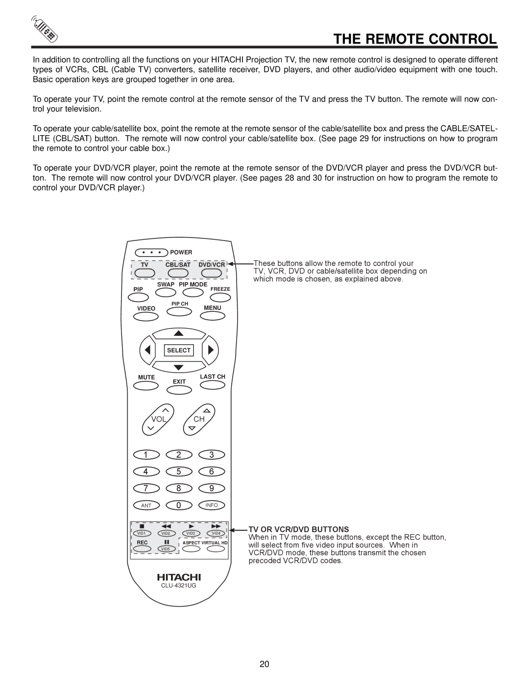 Hitachi 57UWX20B, 51UWX20B, 43FWX20B, 57GWX20B, 51GWX20B important safety instructions TV or VCR/DVD Buttons 