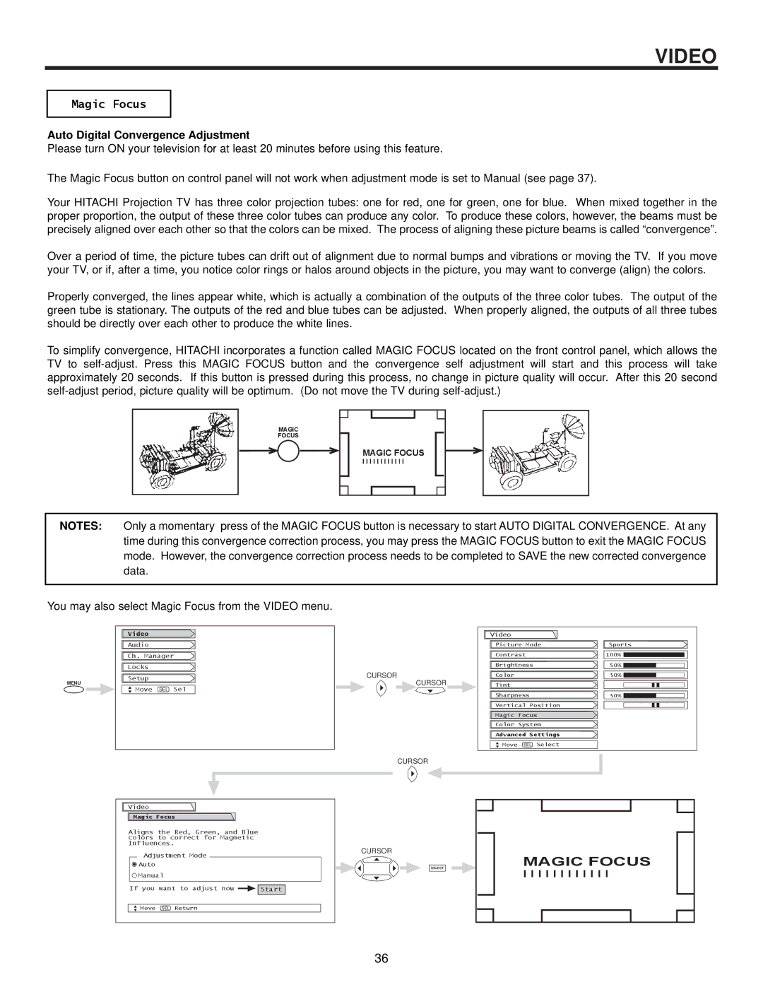 Hitachi 57GWX20B, 51GWX20B, 51UWX20B, 43FWX20B important safety instructions Magic Focus, Auto Digital Convergence Adjustment 