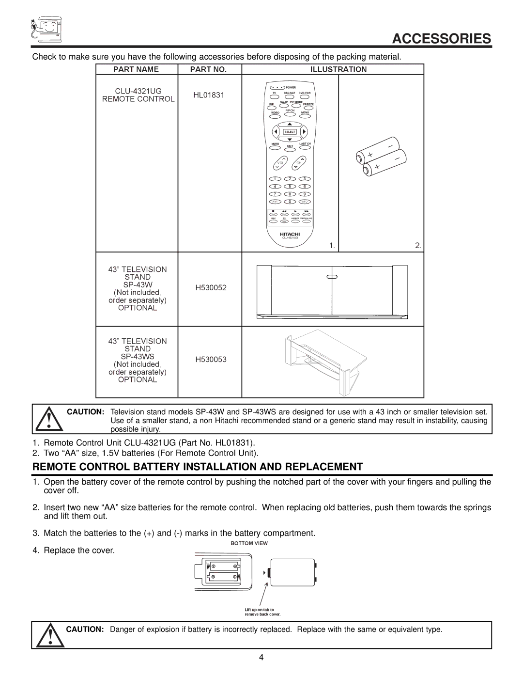 Hitachi 57UWX20B, 51UWX20B, 43FWX20B, 57GWX20B, 51GWX20B important safety instructions Accessories, Remote Control 