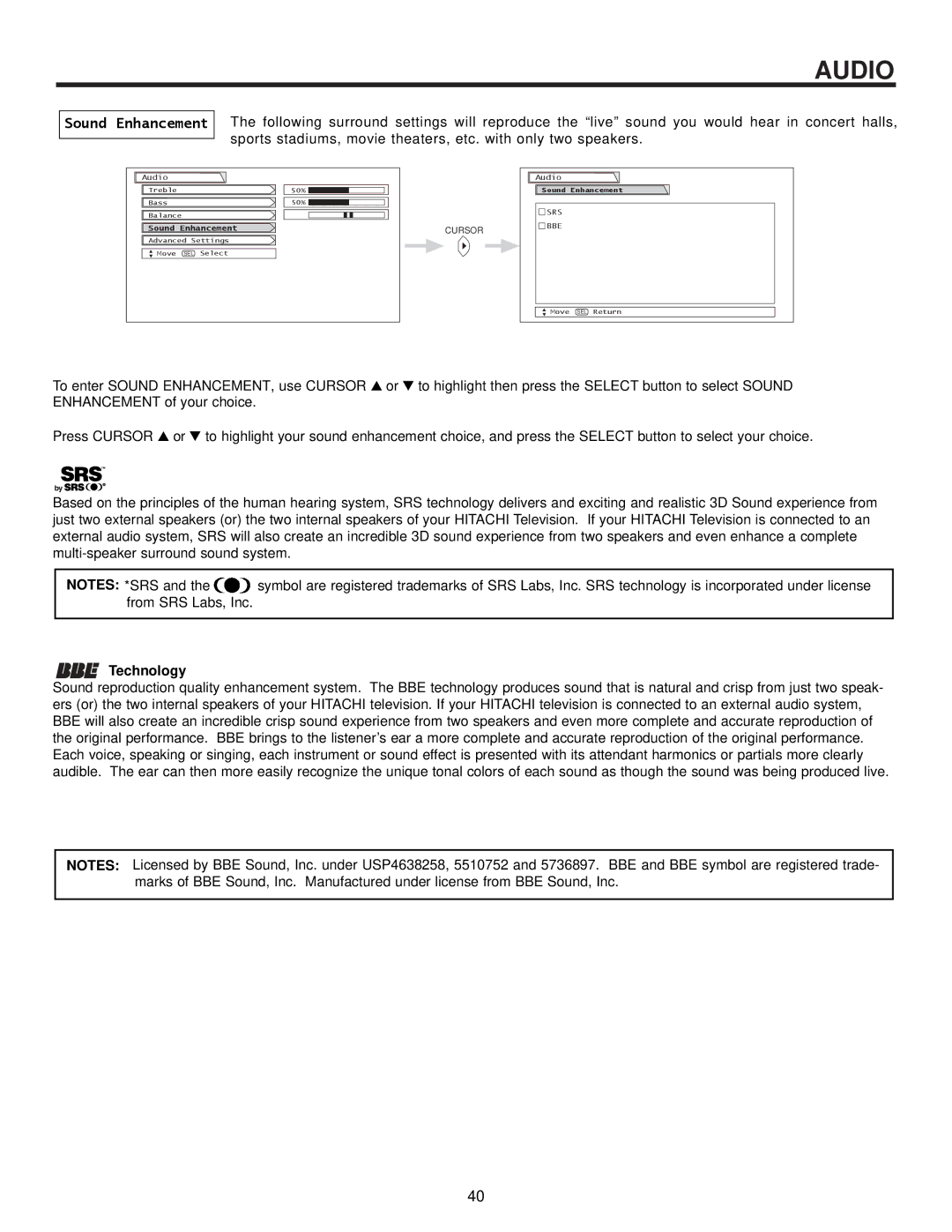 Hitachi 51GWX20B, 57GWX20B, 51UWX20B, 43FWX20B important safety instructions Sound Enhancement, Technology 