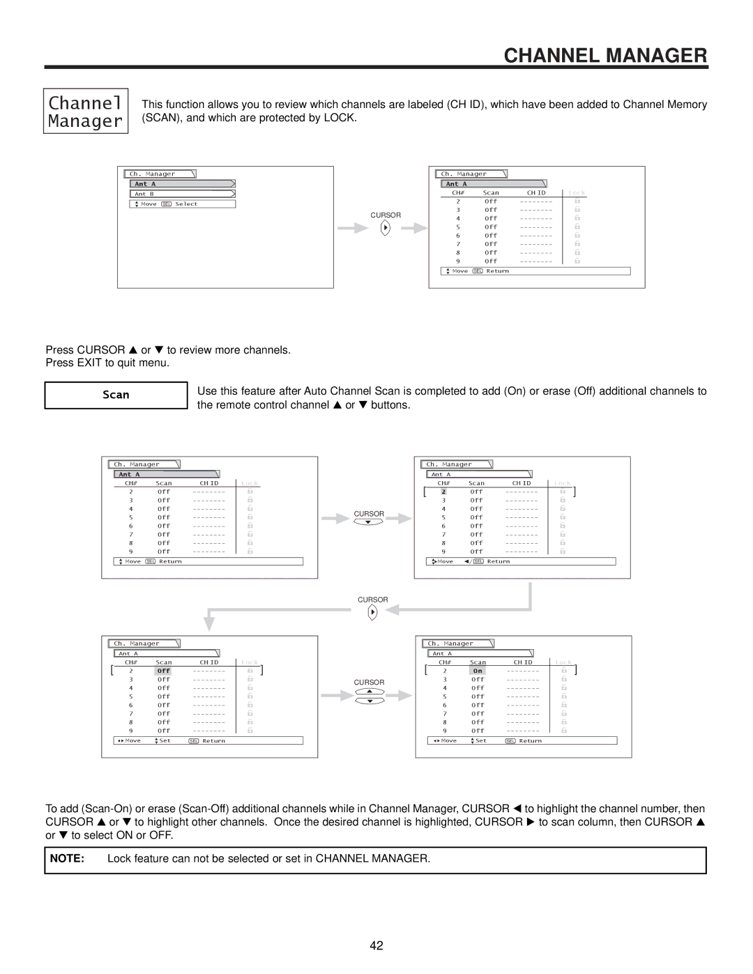 Hitachi 57UWX20B, 51UWX20B, 43FWX20B, 57GWX20B, 51GWX20B important safety instructions Channel Manager, Scan 