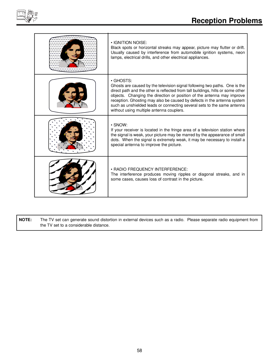 Hitachi 57UWX20B, 51UWX20B, 43FWX20B, 57GWX20B, 51GWX20B important safety instructions Reception Problems 