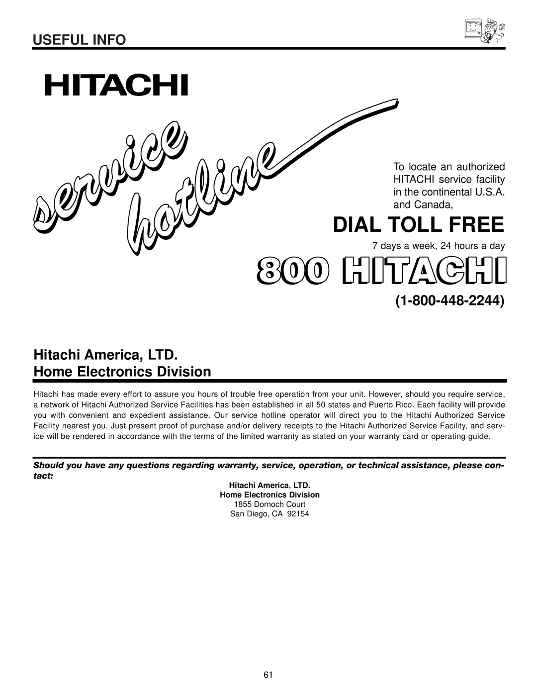 Hitachi 57GWX20B, 51GWX20B, 51UWX20B, 43FWX20B important safety instructions Hitachi, Home Electronics Division 