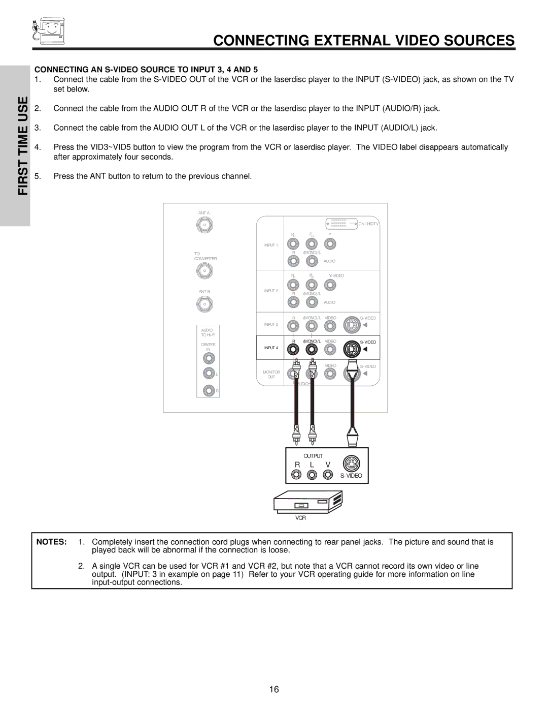 Hitachi 57S500, 51S500, 65S500 important safety instructions Connecting AN S-VIDEO Source to Input 3, 4 