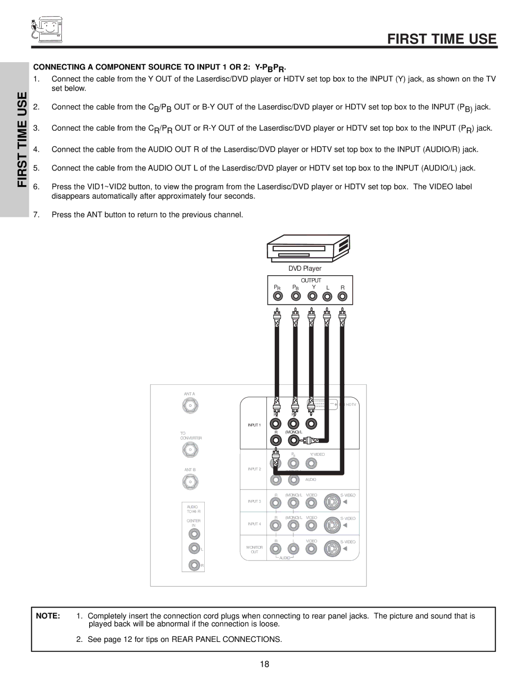 Hitachi 51S500, 57S500, 65S500 First Time USE, Connecting a Component Source to Input 1 or 2 Y-PBPR 