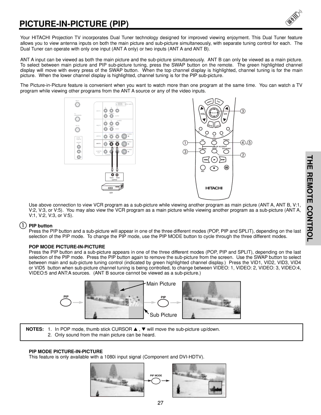Hitachi 51S500, 57S500, 65S500 Picture-In-Picture Pip, PIP button, POP Mode PICTURE-IN-PICTURE, PIP Mode PICTURE-IN-PICTURE 
