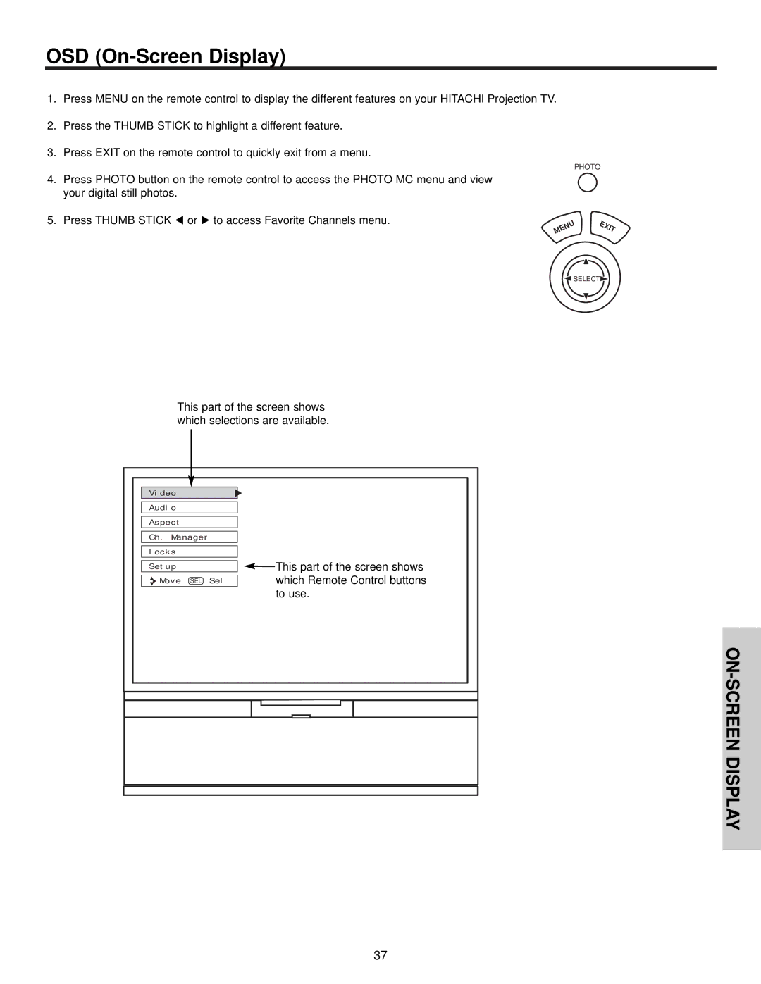 Hitachi 57S500, 51S500, 65S500 important safety instructions OSD On-Screen Display 