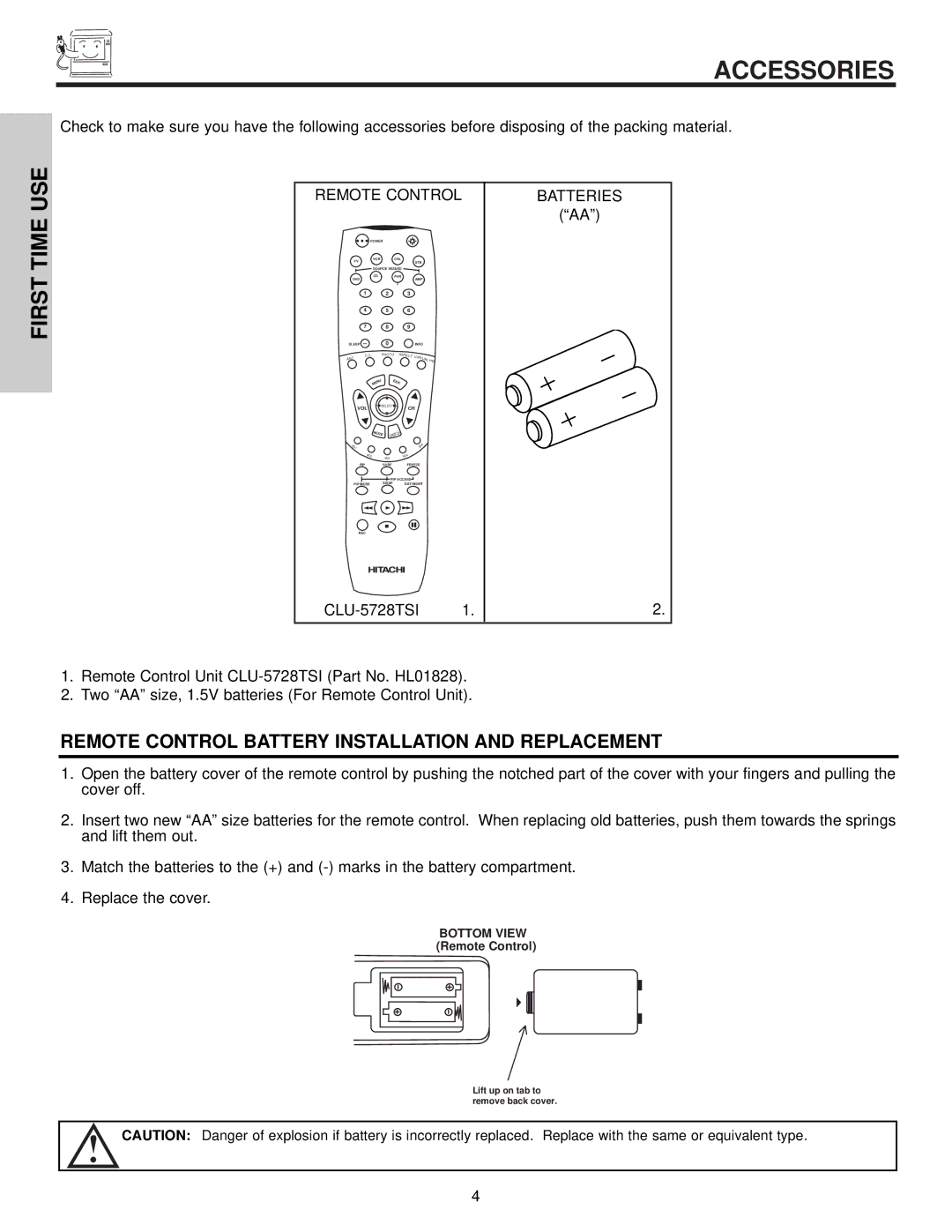 Hitachi 57S500, 51S500, 65S500 important safety instructions Accessories, First Time USE 