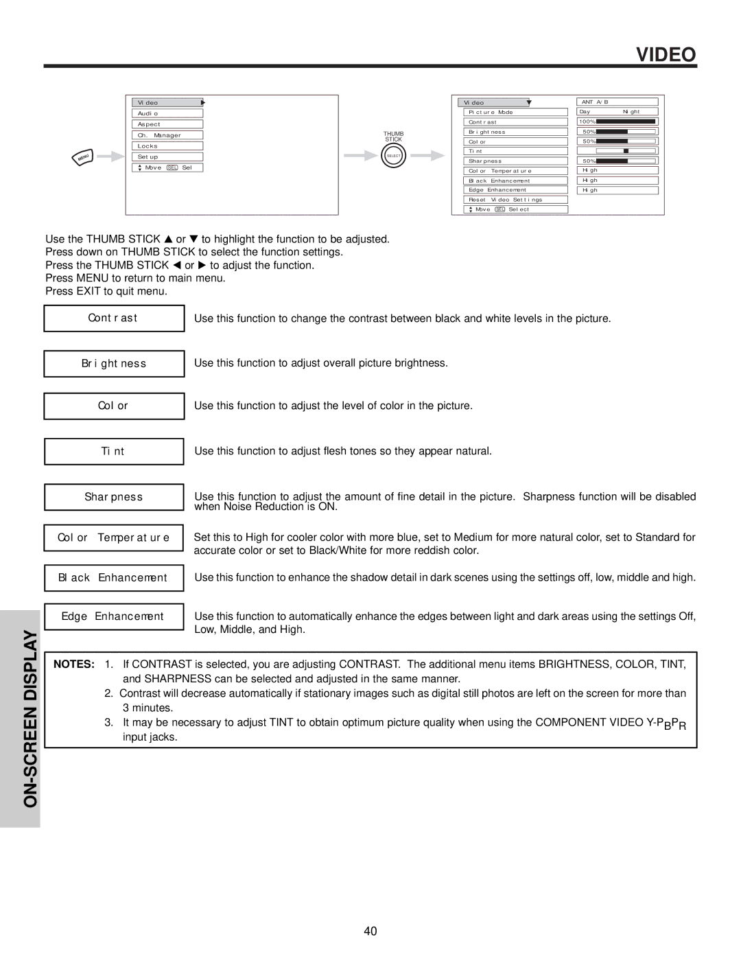 Hitachi 57S500, 51S500, 65S500 important safety instructions ON-SCREEN Display, Contrast 