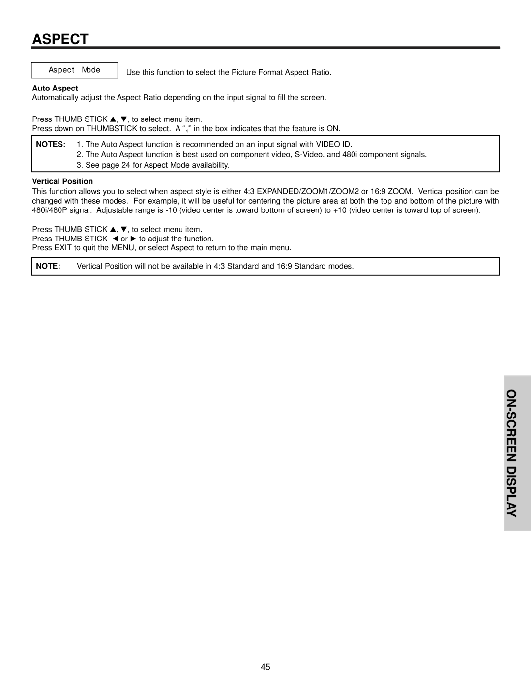 Hitachi 51S500, 57S500, 65S500 important safety instructions Aspect Mode, Auto Aspect, Vertical Position 