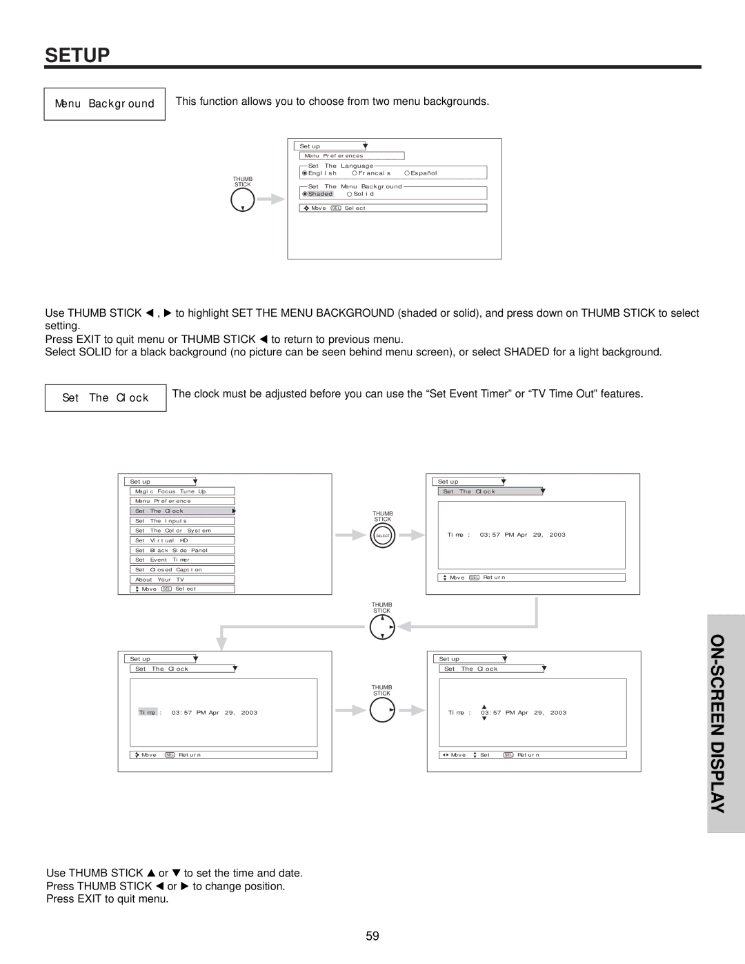 Hitachi 65S500, 51S500, 57S500 important safety instructions Menu Background, Set The Clock 