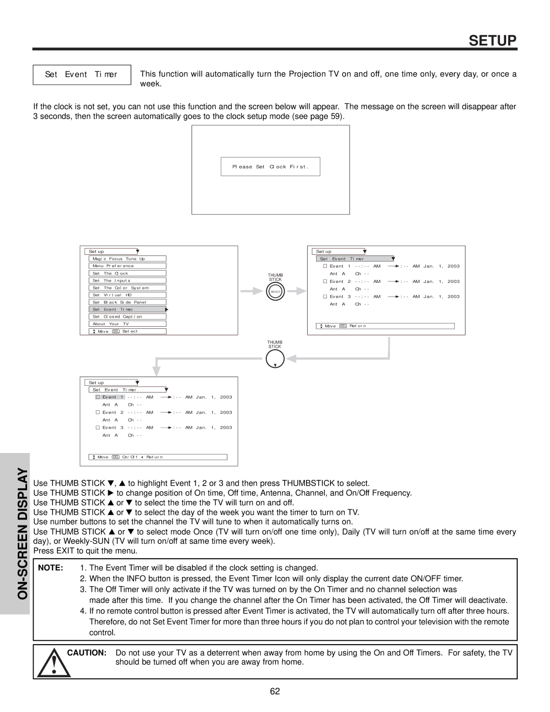 Hitachi 65S500, 51S500, 57S500 important safety instructions Set Event Timer, Please Set Clock First 