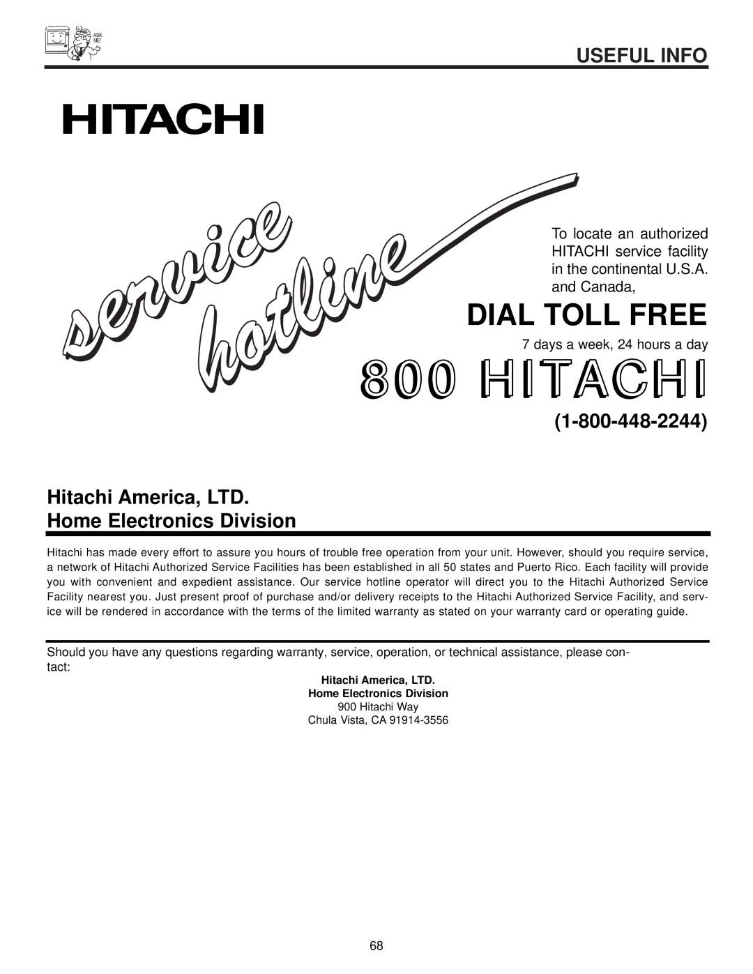 Hitachi 65S500, 51S500, 57S500 important safety instructions Hitachi, Home Electronics Division 