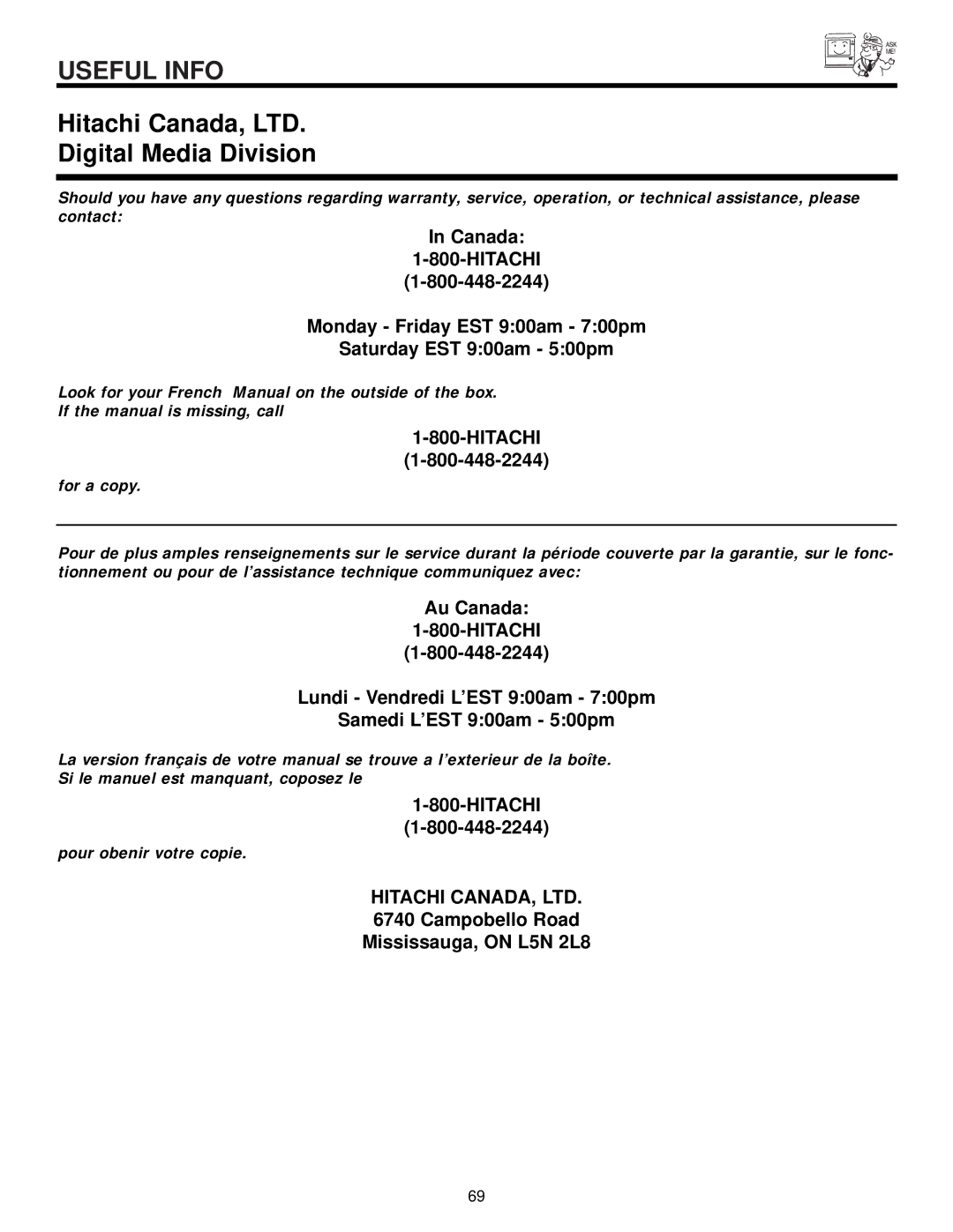 Hitachi 51S500, 57S500, 65S500 important safety instructions Digital Media Division 