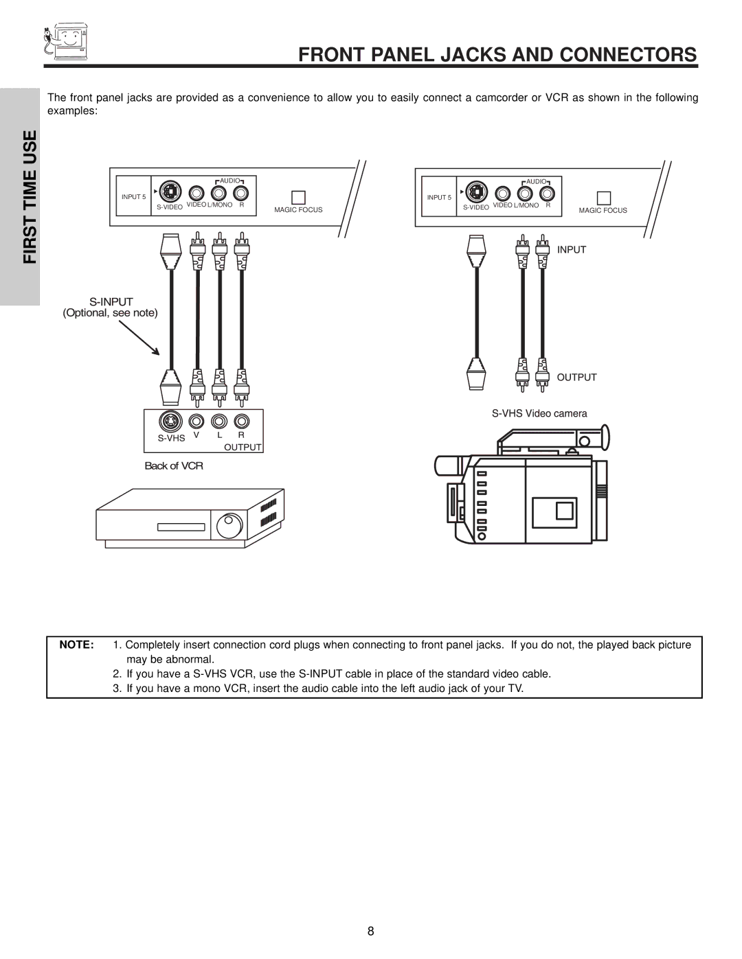 Hitachi 65S500, 51S500, 57S500 important safety instructions Front Panel Jacks and Connectors 