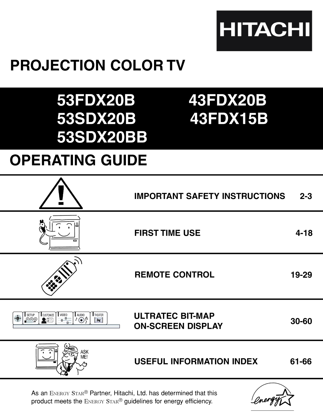 Hitachi 53FDX20B important safety instructions Important Safety Instructions First Time USE Remote Control 