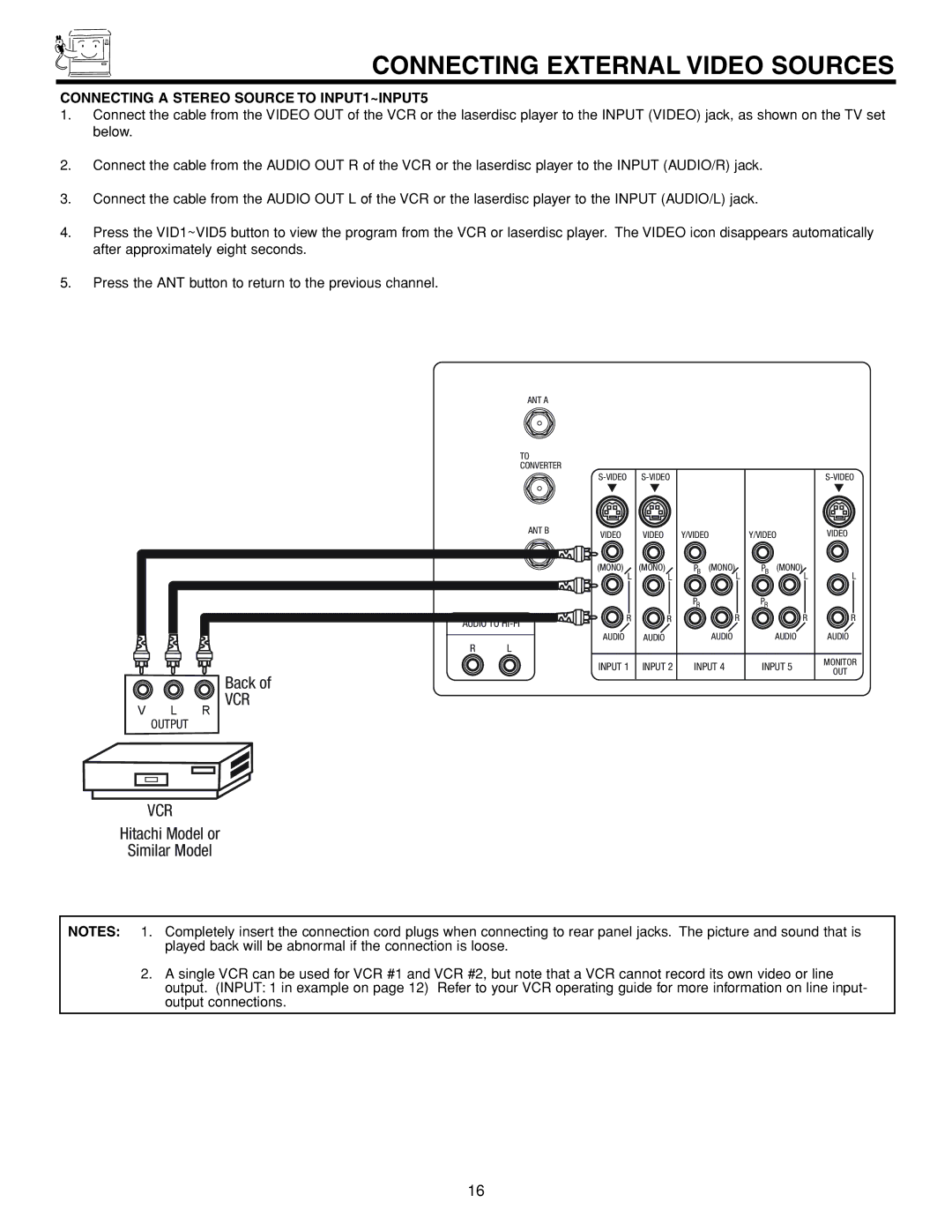 Hitachi 53FDX20B important safety instructions Vcr, Connecting a Stereo Source to INPUT1~INPUT5 