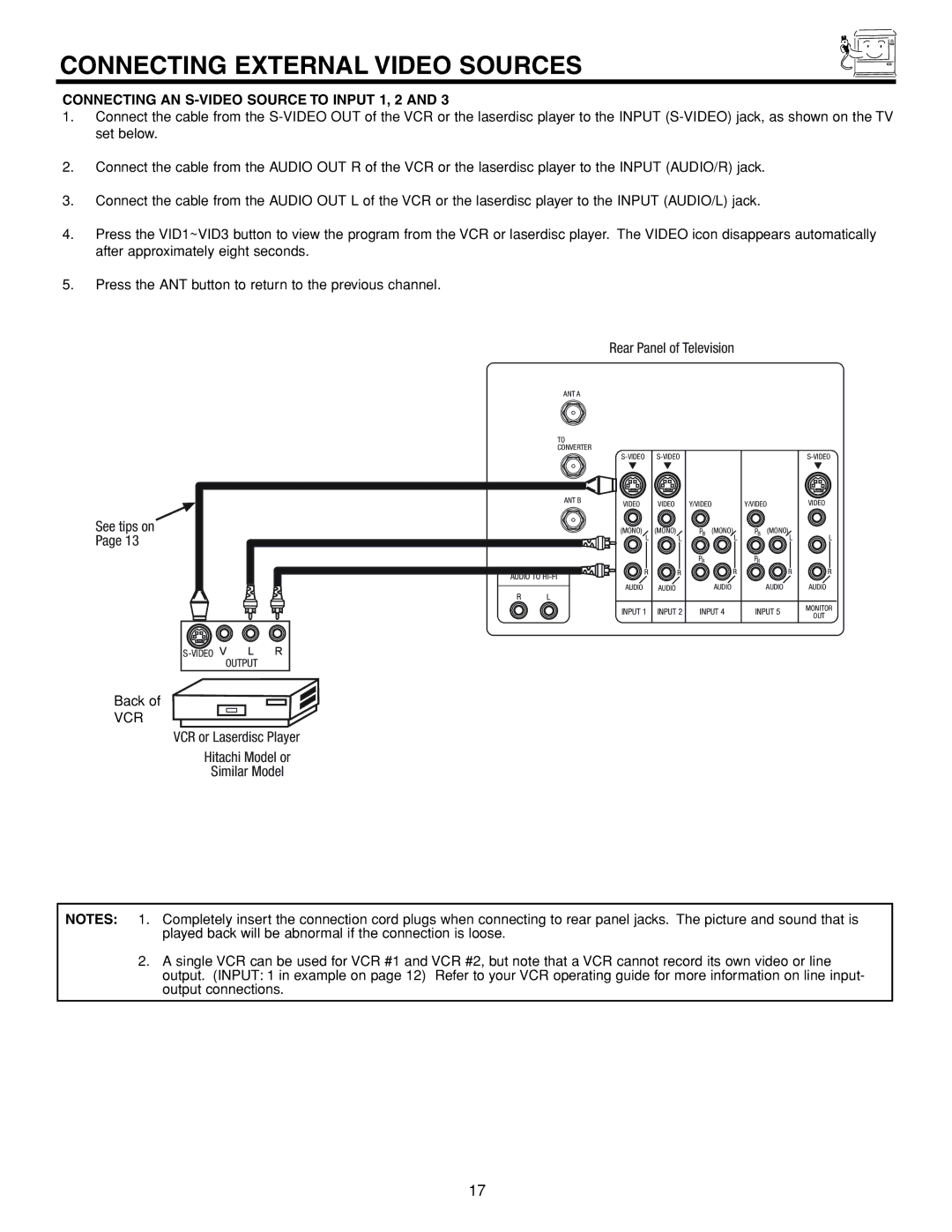 Hitachi 53FDX20B important safety instructions Connecting AN S-VIDEO Source to Input 1, 2, See tips on 