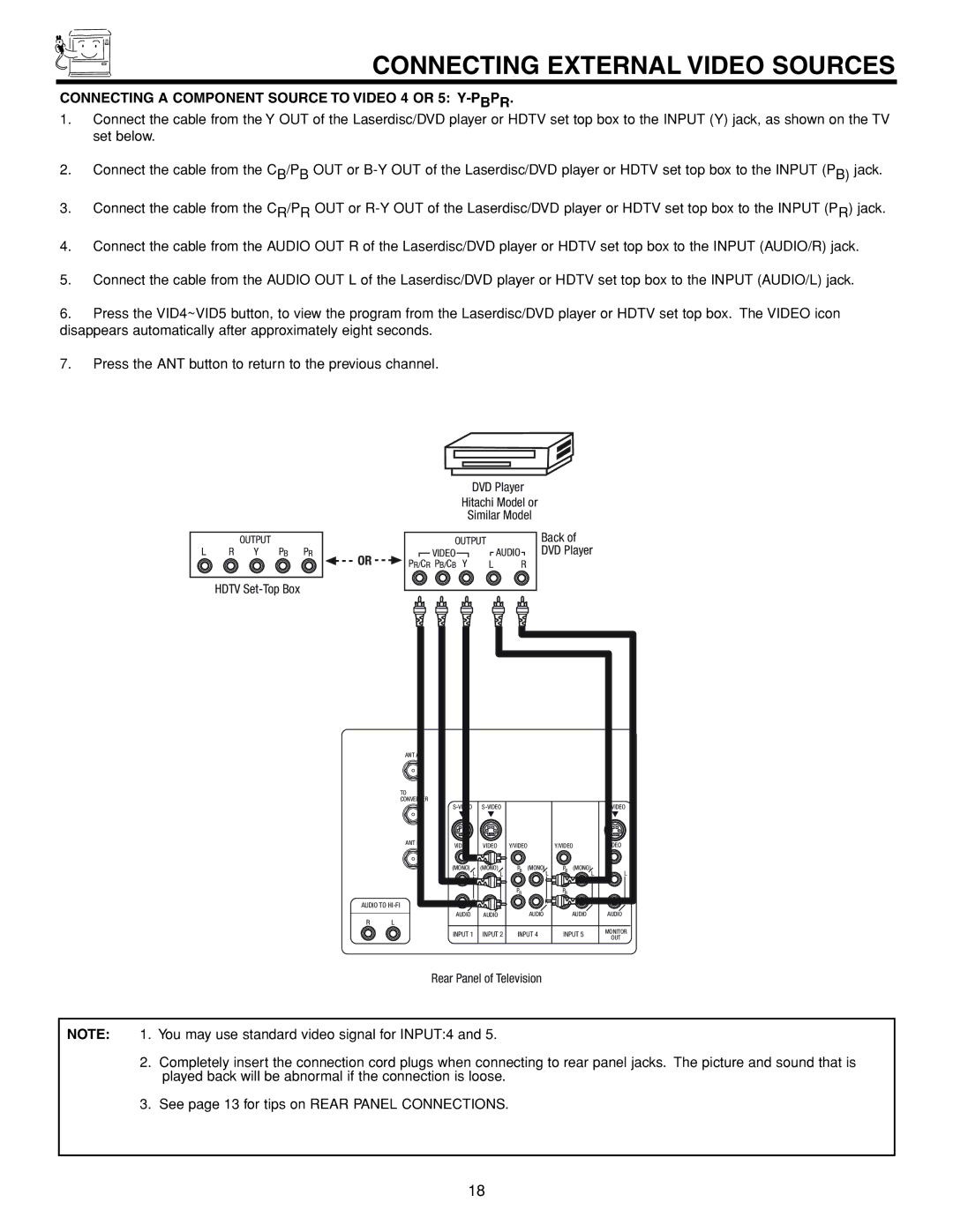 Hitachi 53FDX20B important safety instructions Connecting a Component Source to Video 4 or 5 Y-PBPR, DVD Player 