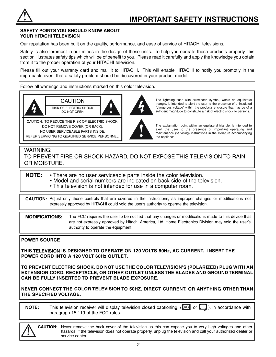 Hitachi 53FDX20B Important Safety Instructions, Safety Points YOU should Know about Your Hitachi Television 