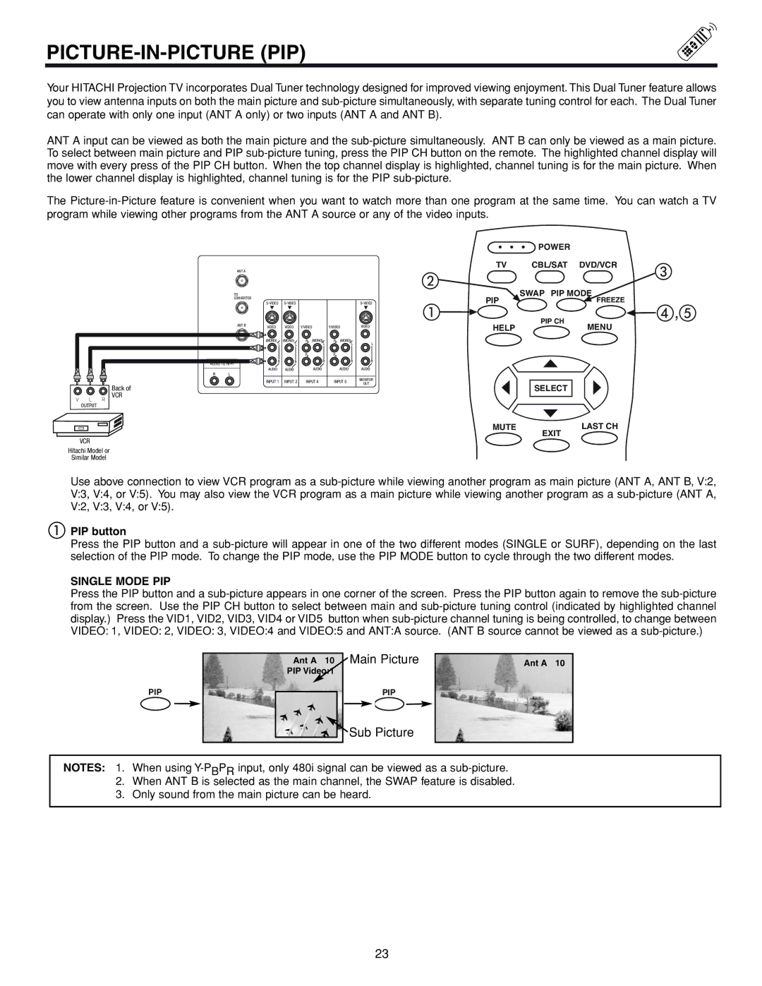 Hitachi 53FDX20B important safety instructions Picture-In-Picture Pip, PIP button, Single Mode PIP 