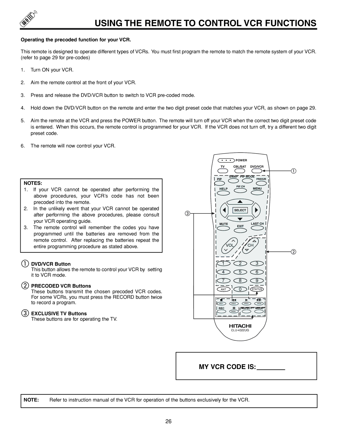 Hitachi 53FDX20B Using the Remote to Control VCR Functions, Operating the precoded function for your VCR, DVD/VCR Button 