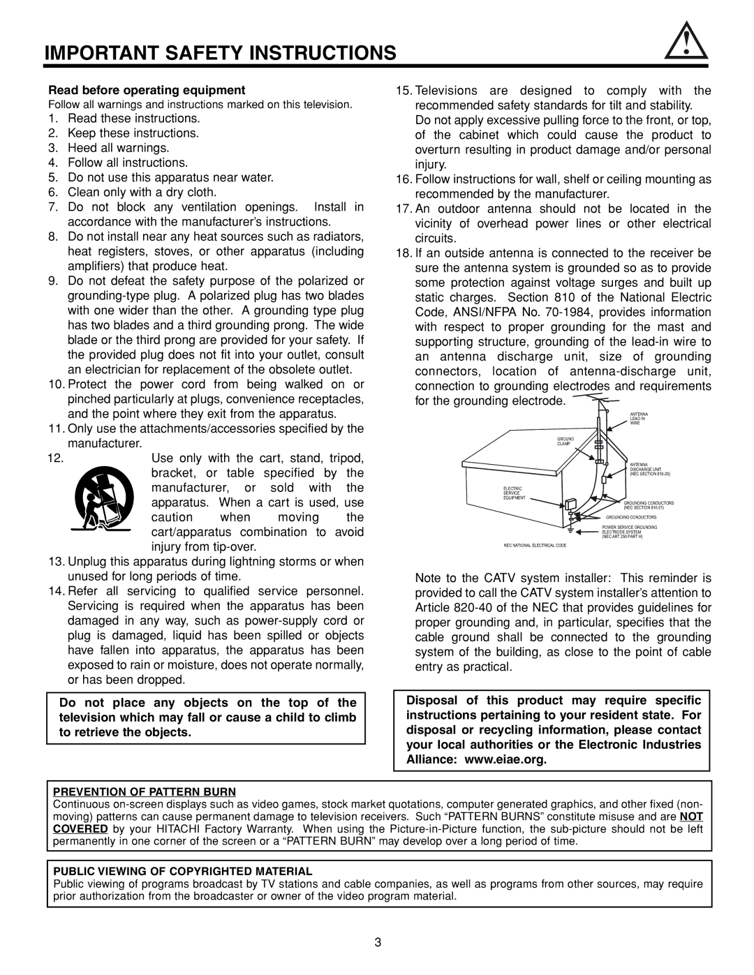 Hitachi 53FDX20B important safety instructions Prevention of Pattern Burn, Public Viewing of Copyrighted Material 