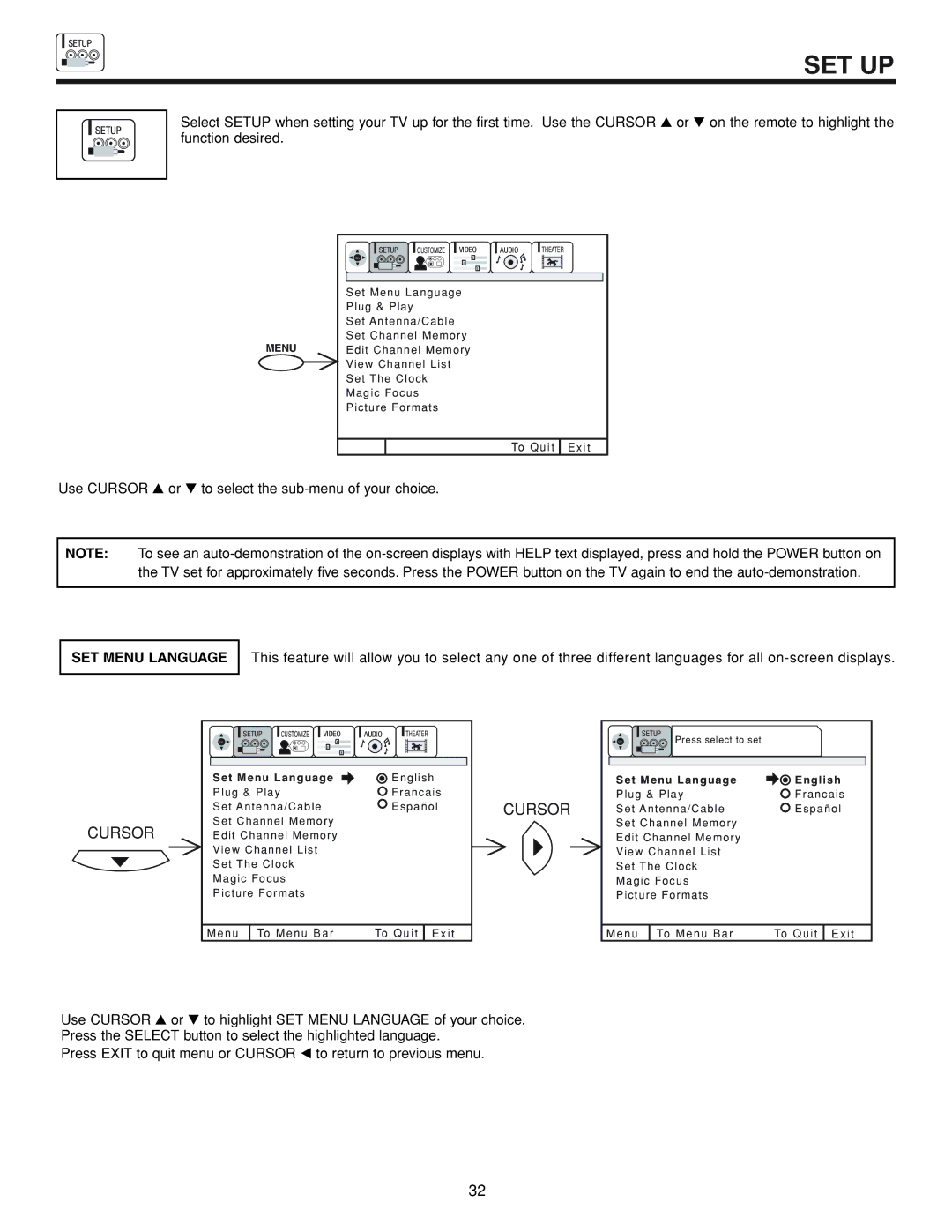 Hitachi 53FDX20B important safety instructions Set Up, SET Menu Language 