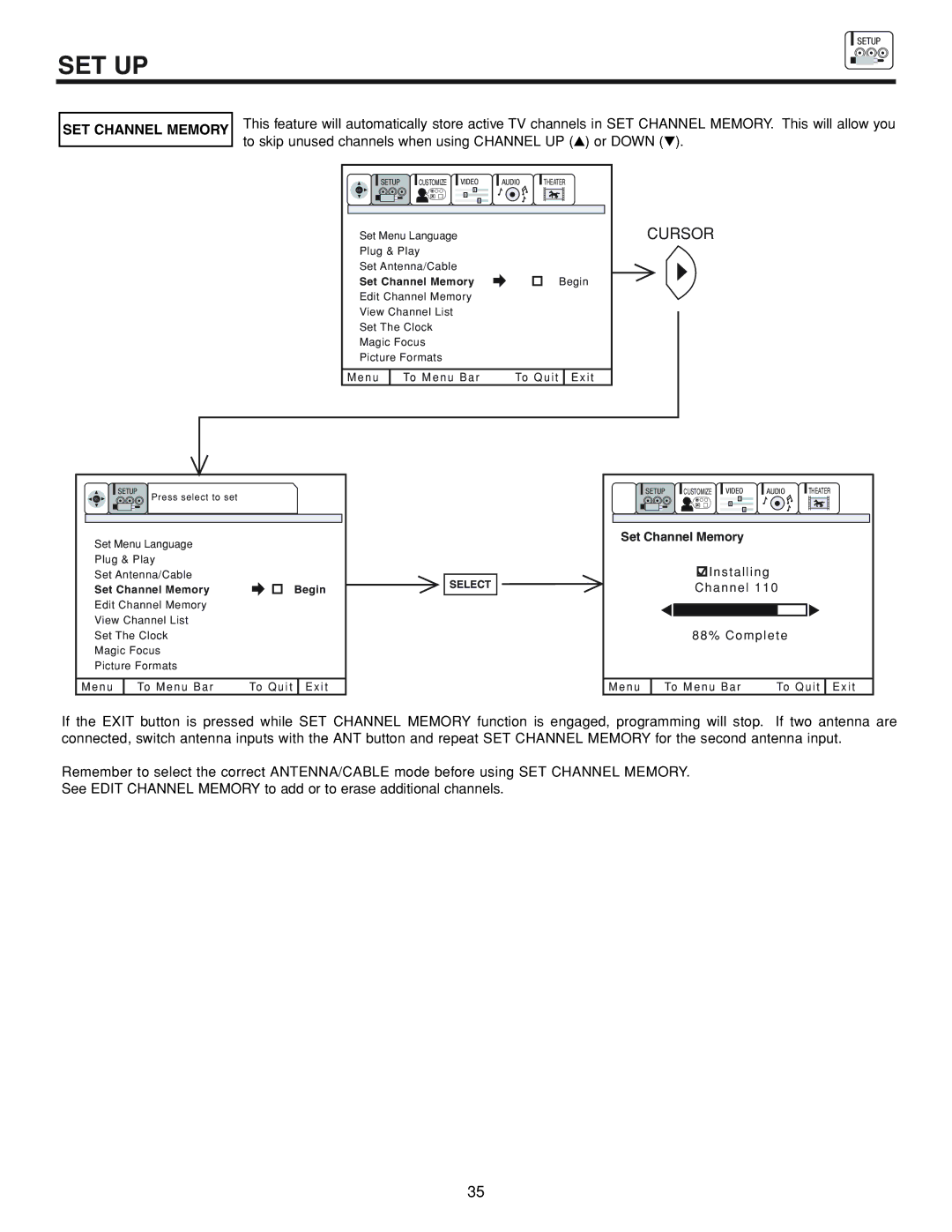 Hitachi 53FDX20B important safety instructions SET Channel Memory 