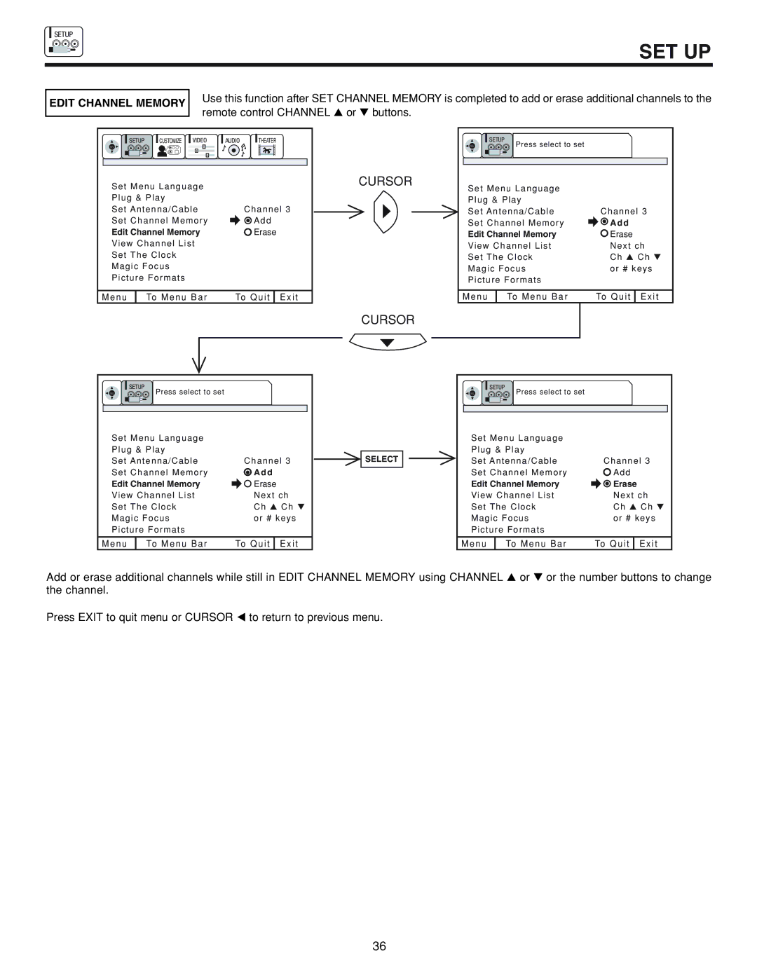 Hitachi 53FDX20B important safety instructions Edit Channel Memory 