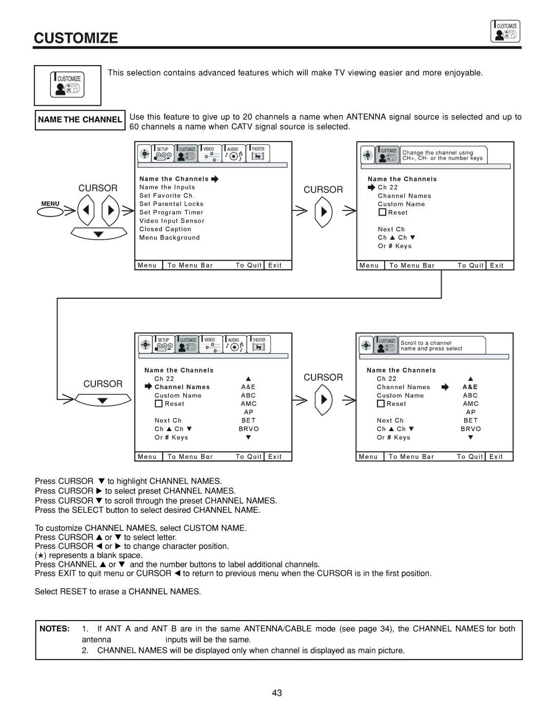 Hitachi 53FDX20B important safety instructions Customize, Name the Channel 