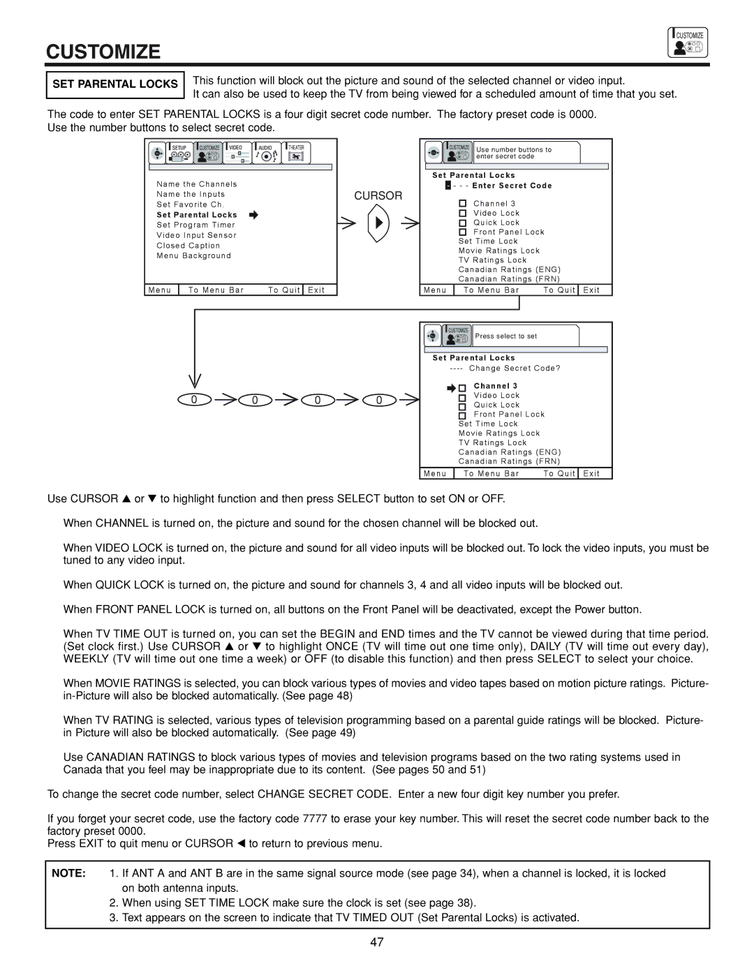 Hitachi 53FDX20B important safety instructions SET Parental Locks, Cursor 