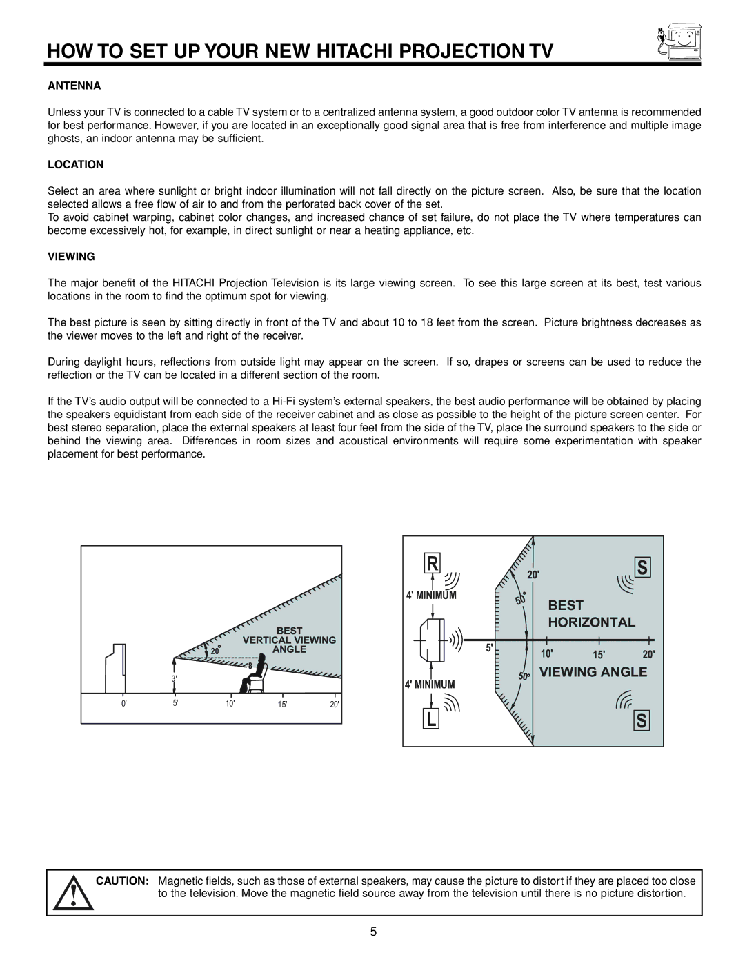 Hitachi 53FDX20B important safety instructions HOW to SET UP Your NEW Hitachi Projection TV, Antenna, Location, Viewing 