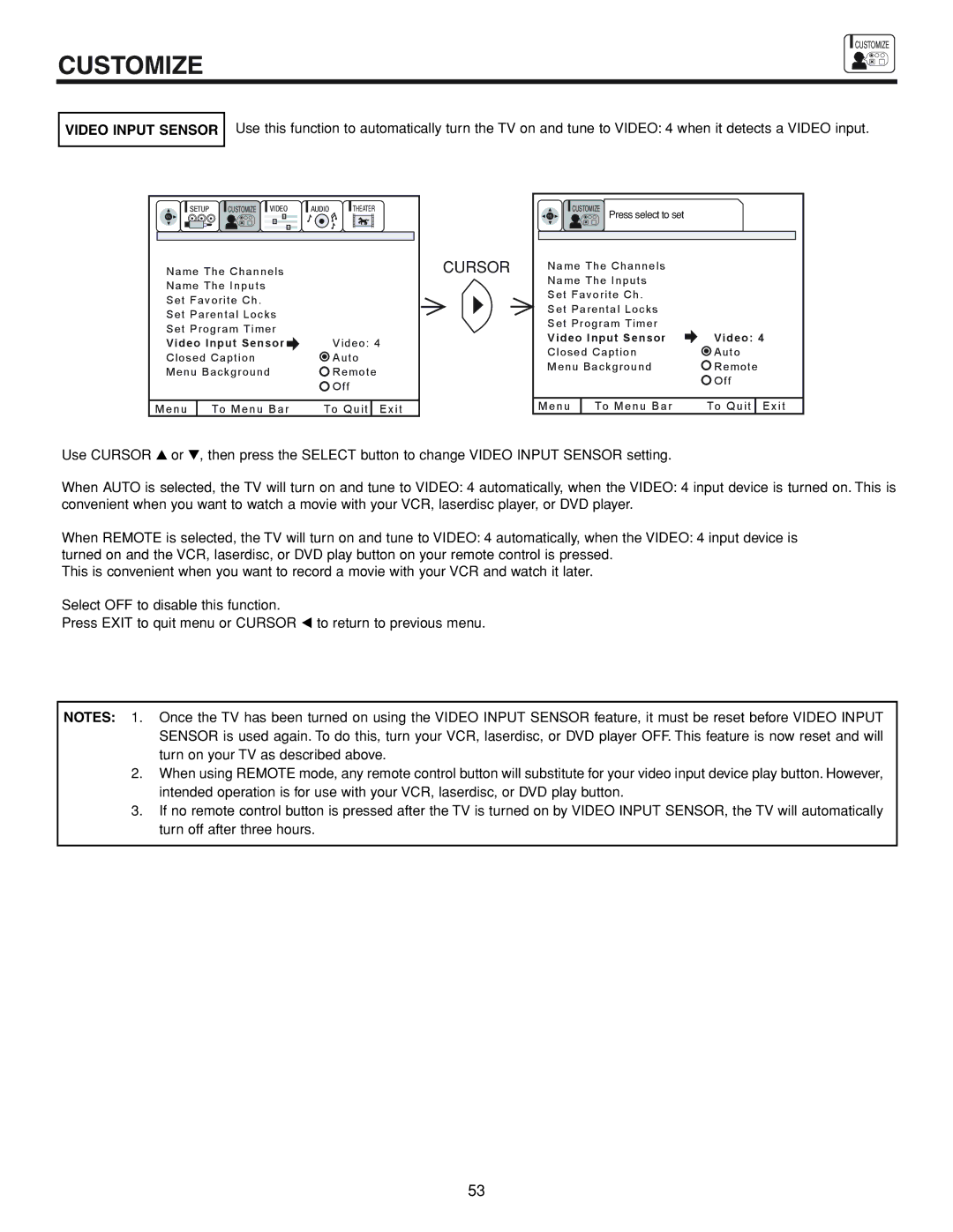 Hitachi 53FDX20B important safety instructions Video Input Sensor 